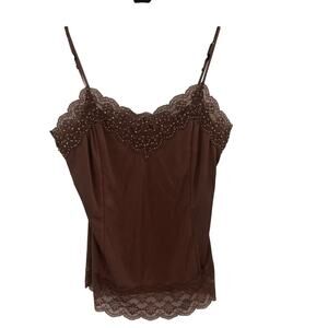 Y2K Vintage Deadstock Lace Trim Satin Chocolate Brown Cami Women’s Medium